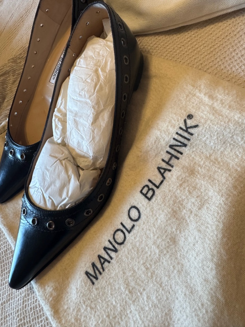 Manolo Blahnik Black Pointed Leather Flats with Eyelet Trim